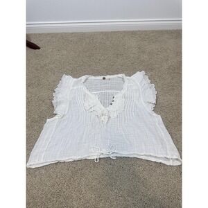 Free People Blouse Womens Large White Gauze Ruffle V Neck Flutter Sleeve Boho